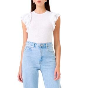 Goldie White Crew Neck Top Ruffle Sleeve T-Shirt 100% Cotton Blouse Size Large